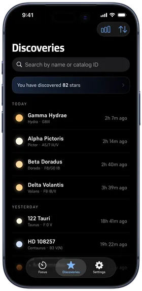 The Discoveries list showing 82 discovered stars grouped by day