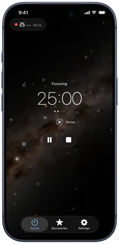 Starfocus focus timer counting down a 25 minute session, intercepting the star Acrux