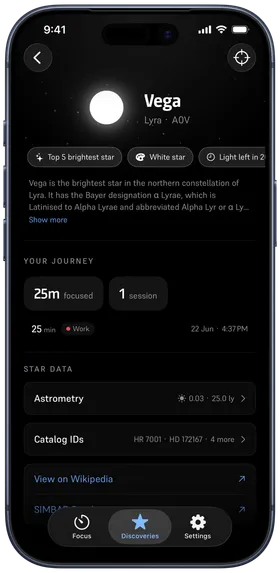 The detail page for the star Vega with facts and astrometry
